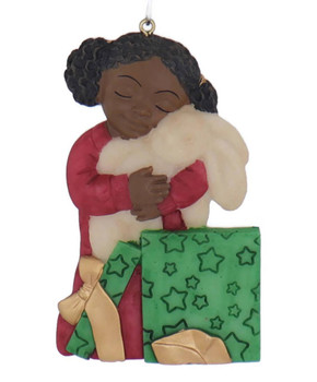 Flat Back Christmas Morning African American Girl Ornament rabbit front