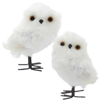 Frosty Misty White Plush Fibers and Feathers Owl Figurine Decor