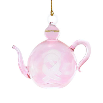 Pink Breast Cancer Awareness with Ribbon Teapot Mouth-blown Egyptian Glass Ornament