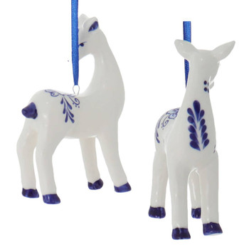 Set of 3 Indigo Blue and White Deer Ornaments Set Standing