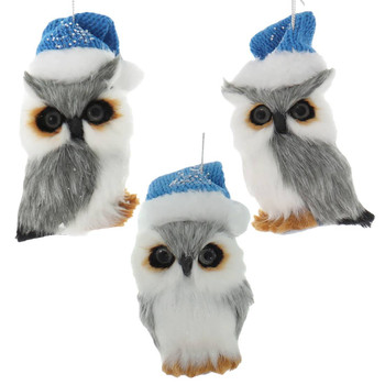 Blue Hat Fuzzy Grey Owl Ornament