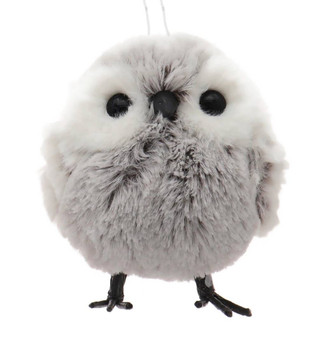 Fluffy Grey and White Round Yarn Baby Owl Ornament Eyes Open Front