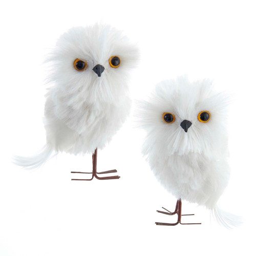 2pc Fluffy, Feathered White Owl with Legs Ornaments