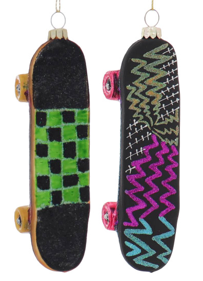 Set of 2 Designer Skateboard Glass Ornaments