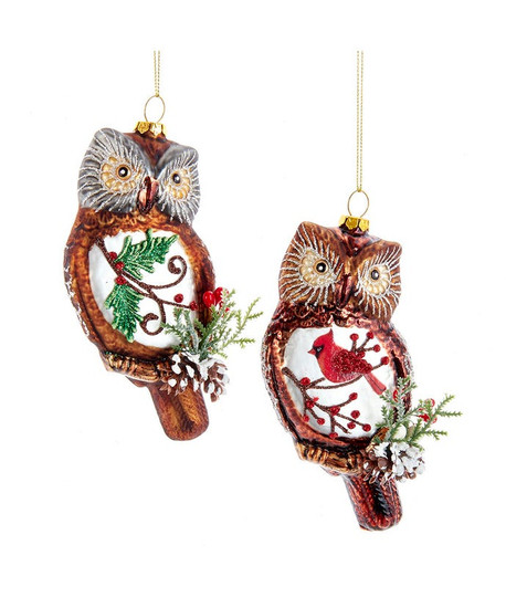 Set of 2 Brown Forest Owl with Scene Glass Ornament