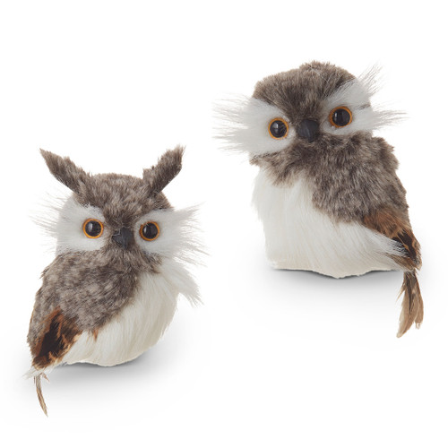 Fuzzy Grey and White Owl Ornament w/feathers