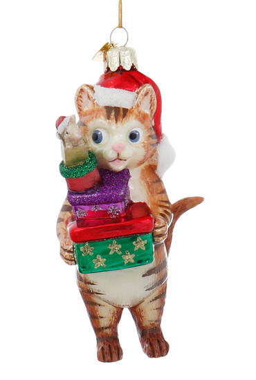 Whimsical Orange Tabby Cat with Gifts Glass Ornament