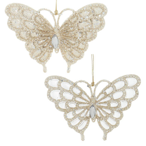 Glittered Platinum Glitter Butterfly Ornament