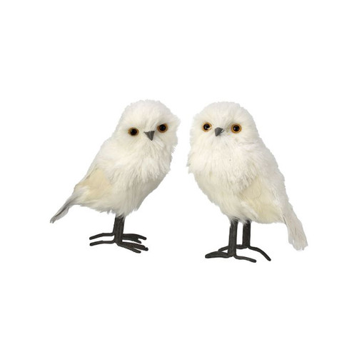 Fluffy, Feathered White Owl Figure with Grey Legs