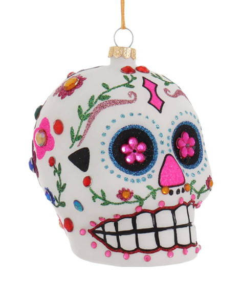 Decorated White Sugar Skull Glass Day of the Dead Ornament