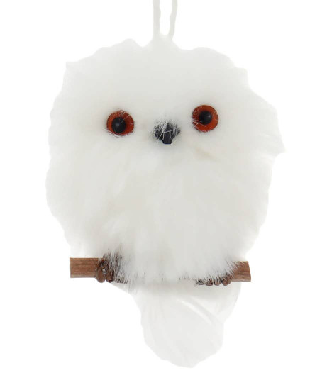 Hanging Fluffy Baby Owl Ornament with Branch