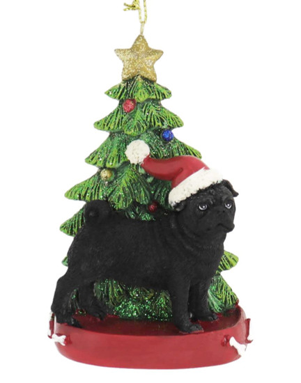 Black Pug with Christmas Tree Ornament