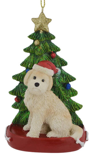 Cream Goldendoodle with Christmas Tree Ornament