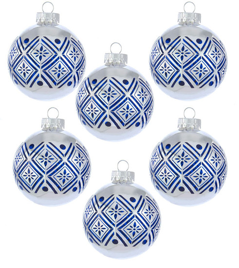 Blue on Silver Round Glass Ornaments 6 pc Set