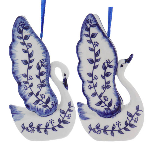 Delft Blue Style Vine Design Swan Ornament