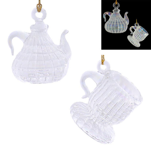 2 pc Clear Iridescent Small Teapot and Cup Mouth-Blown Egyptian Glass Ornaments