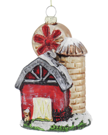 Red Barn with Windmill and Silo Glass Ornament