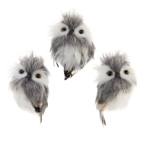 Adorable Furry, Feathered Gray and White Small Owl Ornament