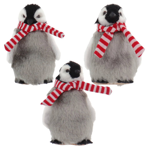3 pc Striped Scarf Artic Fuzzy Penguin Large Ornaments SET