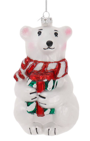 Gentle Polar Bear With Gift Glass Ornament 5