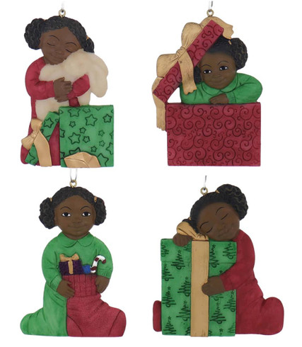 Flat Back African American Christmas Morning Girl Ornament - choice of