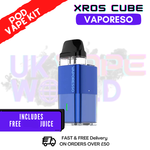 The image shows a Ocean Blue XROS Cube Vape Kit by Vaporesso, which includes a refillable pod and a blue device with a black top. The image also promotes a 'FREE 100ML ELIQUID' offer and highlights the inclusion of the e-liquid in the product package.