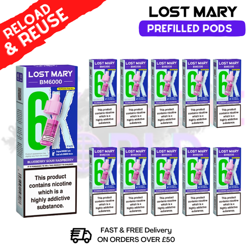Blue Sour Raspberry Lost Mary BM6000 Replacement Pods BOX OF 10