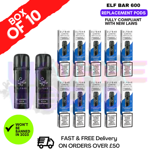 Shop Elf Bar 600 Puff Blueberry Sour Raspberry Replacement Pods Box of 10 - UK Vape World