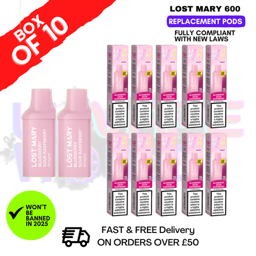 Blue Sour Raspberry Lost Mary 600 Puff Replacement Pods Box Of 10