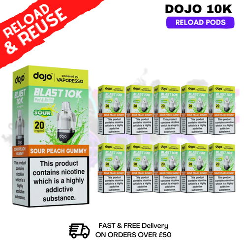 Sour Peach Gummy Dojo Blast 10K Replacement Pods Box Of 10 - ukvapeworld