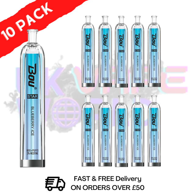 Blueberry ICE - BOU STAR BAR 600Puff Disposable Pod Kit delivers a sweet and fruity blueberry flavor with a cooling menthol. - UK Vape World 