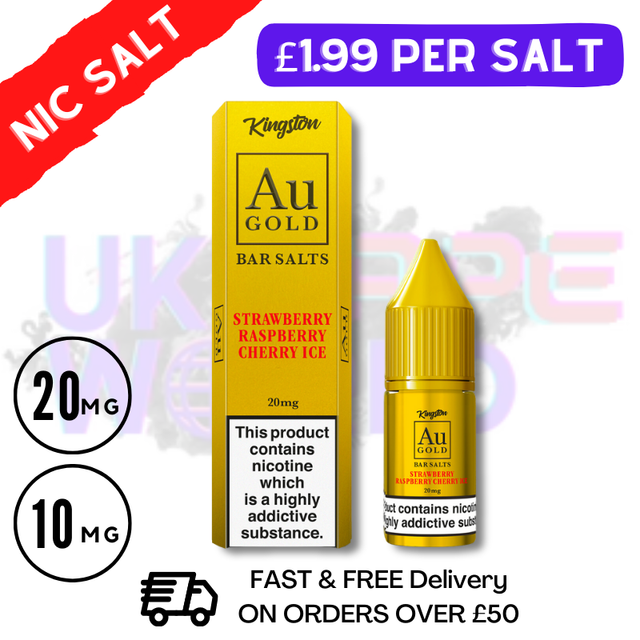 Shop Strawberry Raspberry Cherry ICE By Kingston AU Gold Bar Salt 10ML Nicotine Salt eLiquid - UK Vape World