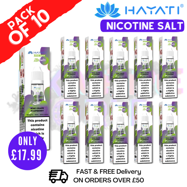 Shop Kiwi Grape Raspberry Hayati Pro Max Nic Salt Box Of 10 - UK Vape World