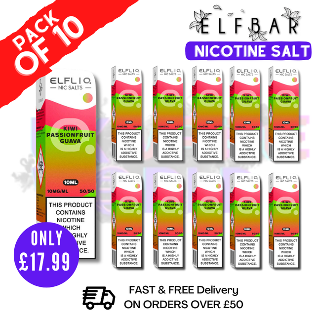 Shop Kiwi Passion Fruit Guava ElfLiq Nic Salt BOX OF 10 - ONLY £17.99 - UK Vape World