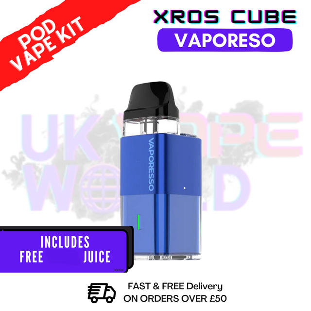 The image shows a Ocean Blue XROS Cube Vape Kit by Vaporesso, which includes a refillable pod and a blue device with a black top. The image also promotes a 'FREE 100ML ELIQUID' offer and highlights the inclusion of the e-liquid in the product package.