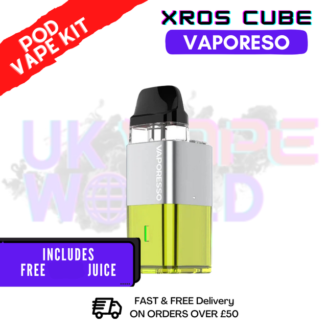 Cyber Lime XROS Cube Vape Kit by Vaporesso, featuring a refillable pod with a yellow e-liquid visible, and including a USB Type-C charging cable.