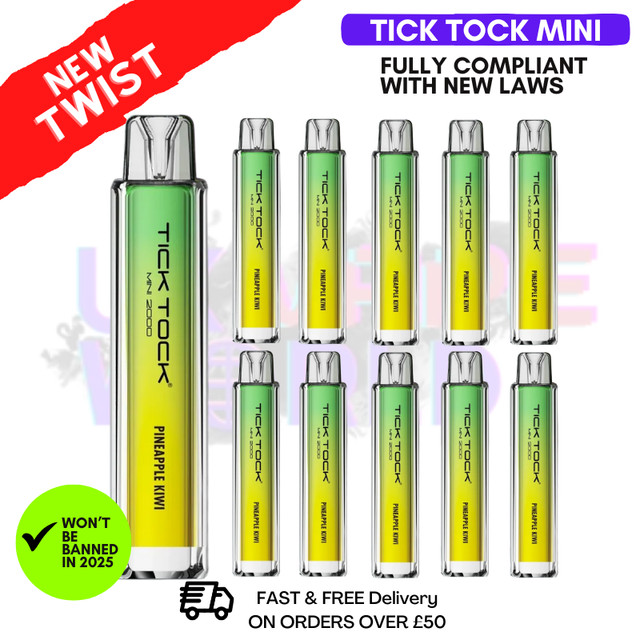 Shop Pineapple Kiwi Tick Tock Mini 2000 Box Of 10 - UK Vape World