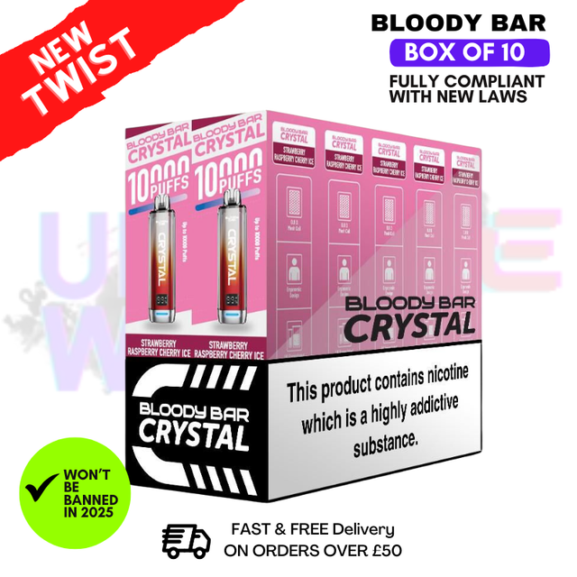 Straw Rasp Cherry ICE Bloody Bar Crystal 10K Puff Box Of 10