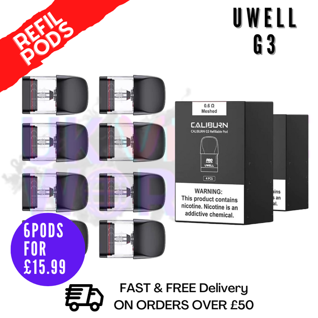 Pack of eight Uwell Caliburn G3 replacement pod cartridges, with visible e-liquid levels and black color predominantly, with the product packaging in the background.