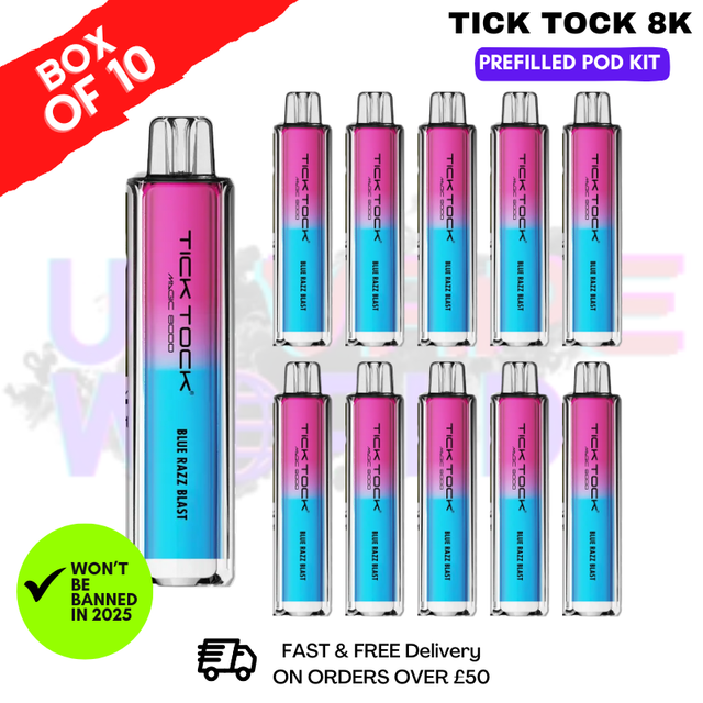 Blue Razz Blast Tick Tock Magic 8000 8K Box Of 10