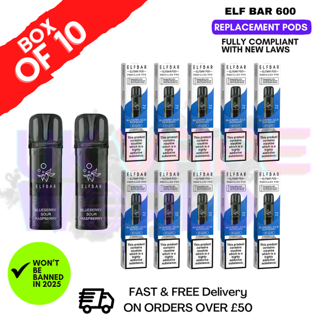 Shop Elf Bar 600 Puff Blueberry Sour Raspberry Replacement Pods Box of 10 - UK Vape World