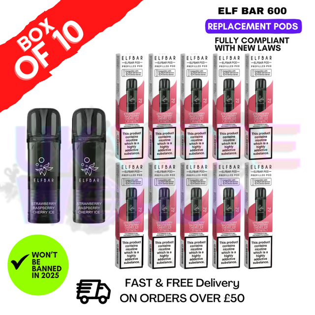 Shop Elf Bar 600 Puff Strawberry Raspberry Cherry Ice Replacement Pods Box of 10 - UK Vape World