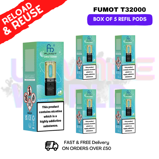 Blue Sour Raspberry Fumot T32000 REPLACEMENT PODS - BOX OF 5 - UKVAPEWORLD