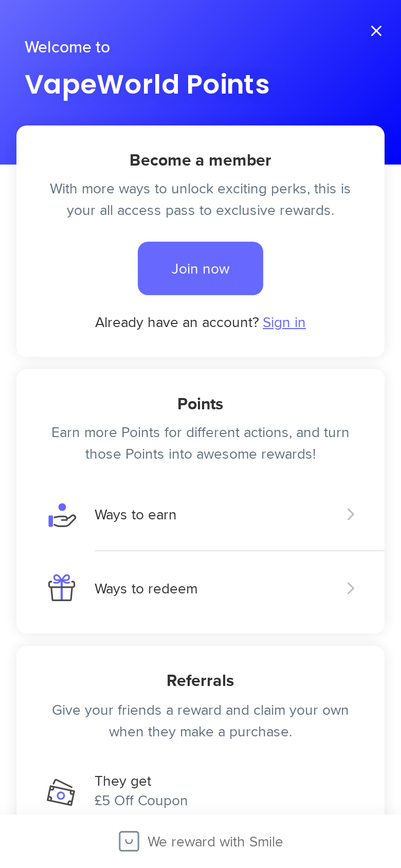 VapeWorld Points rewards panel showing Ways to earn, Ways to redeem and Referrals sections