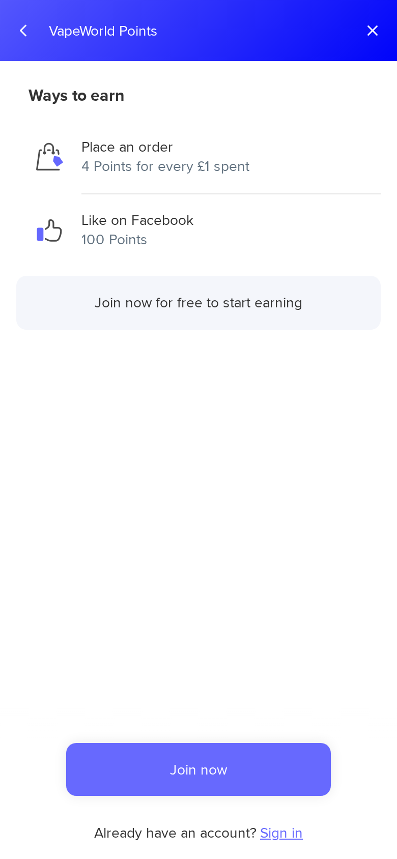 Ways to earn points — Place an order earns 4 points per £1, Like on Facebook earns 100 points