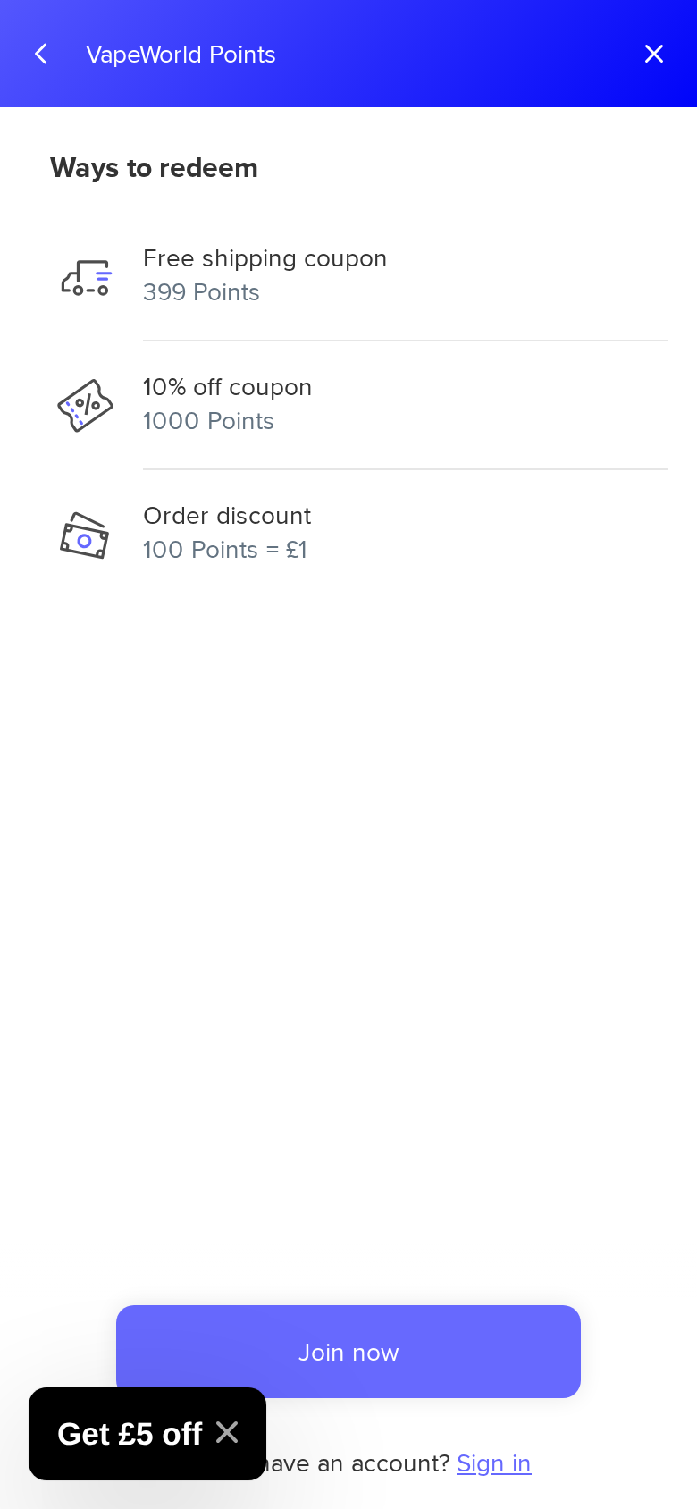 Ways to redeem points — free shipping 399 points, 10% off coupon 1000 points, order discount 100 points equals £1