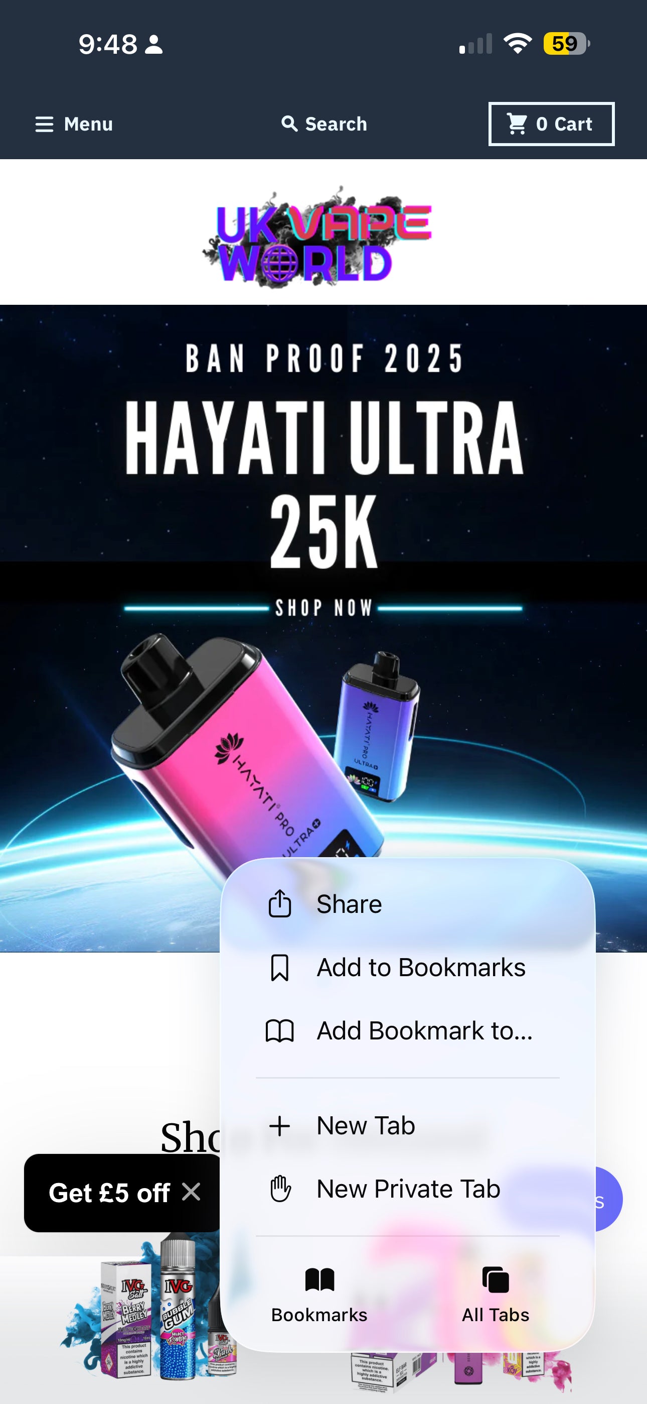 Open UK Vape World in Safari on iPhone