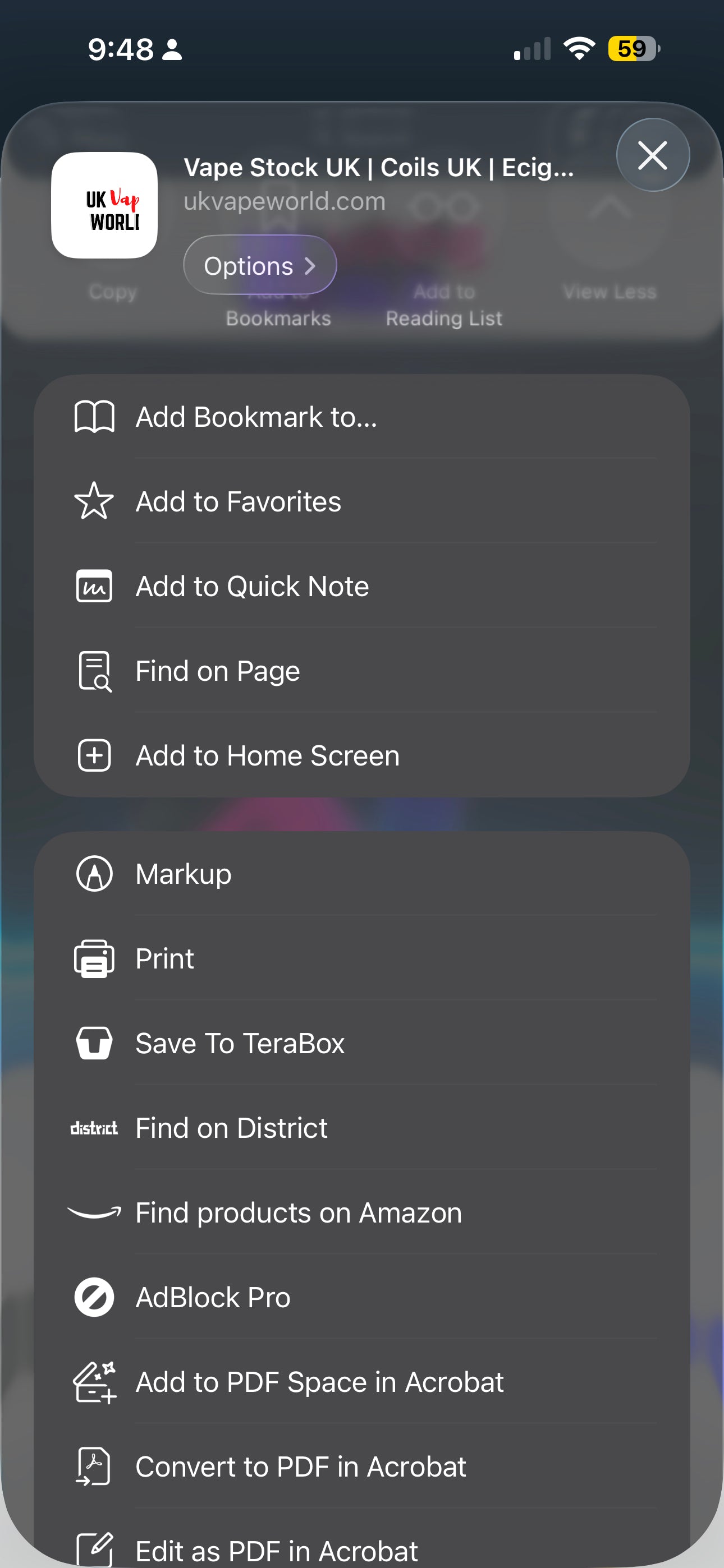 Confirm adding UK Vape World vape app to home screen in Safari