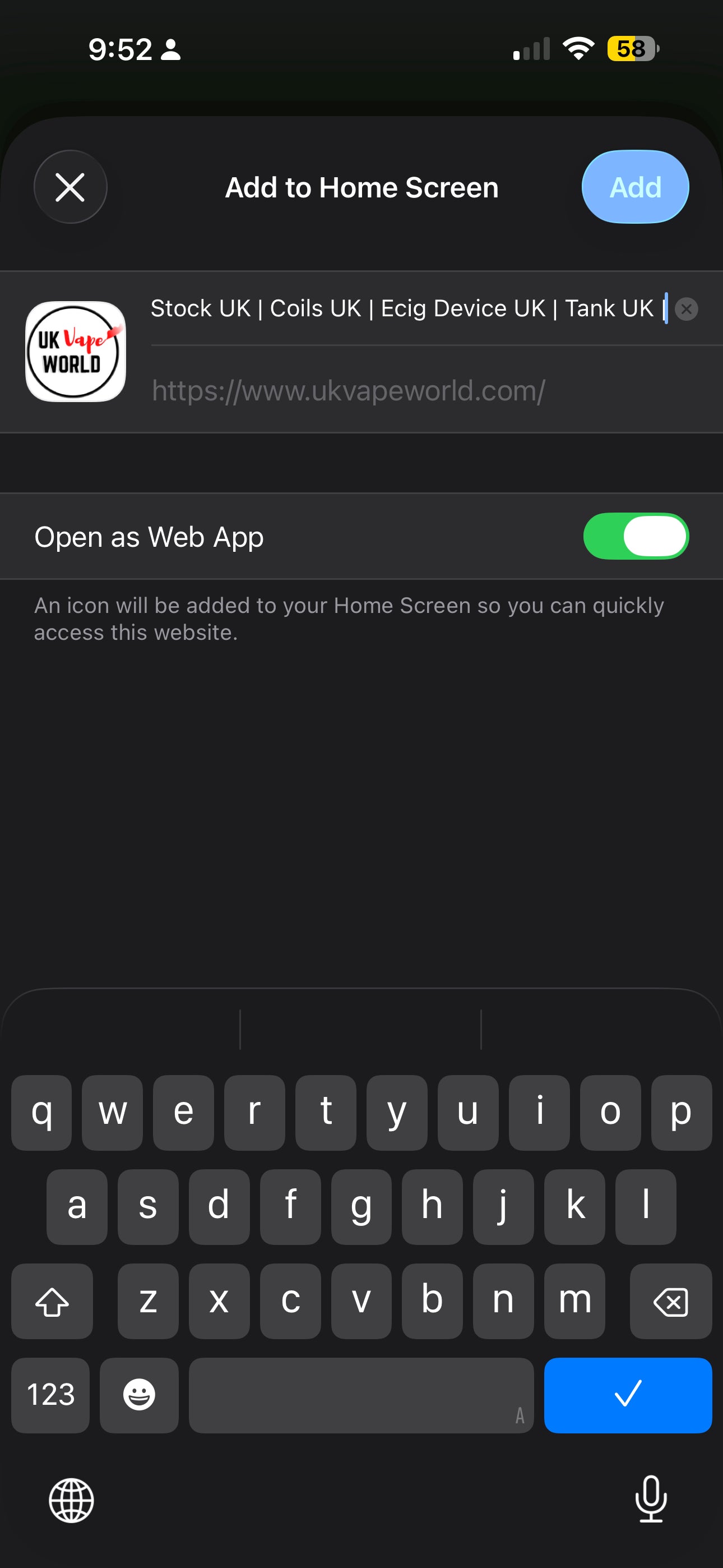 Confirm adding UK Vape World app to iPhone home screen