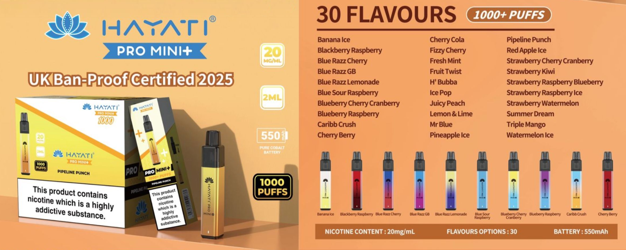 Hayati Pro Mini+ 1000 Puff Prefilled Pod Kit - Flavours List